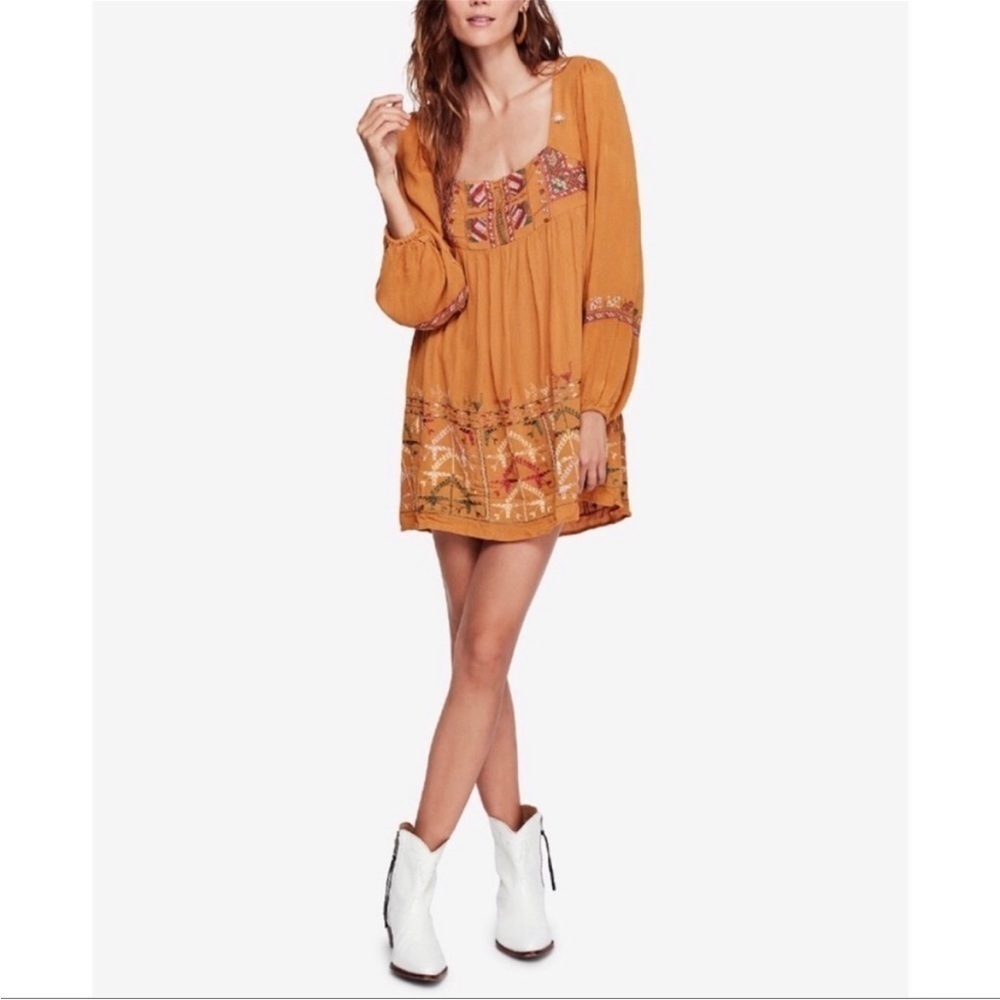 Free People Rhiannon Embroidered Mini Dress Long Sleeve